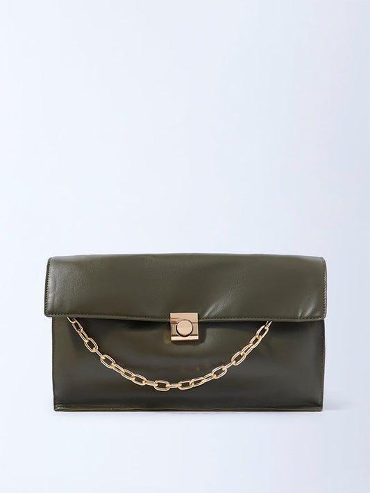 Westside Olive Solid Sling Bag with Chain Handle
