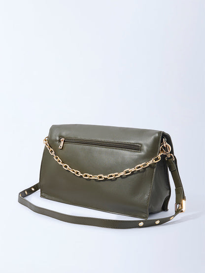 Westside Olive Solid Sling Bag with Chain Handle