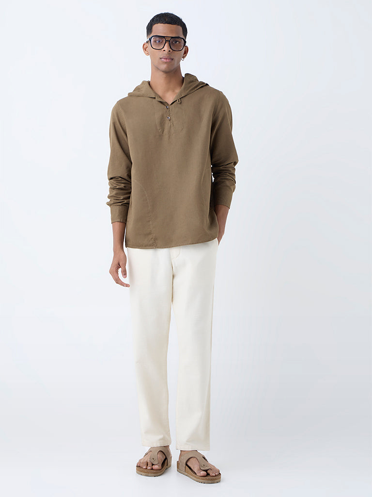 ETA Brown Solid Relaxed-Fit Cotton-Blend Hooded Shirt