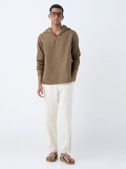 ETA Brown Solid Relaxed-Fit Cotton-Blend Hooded Shirt