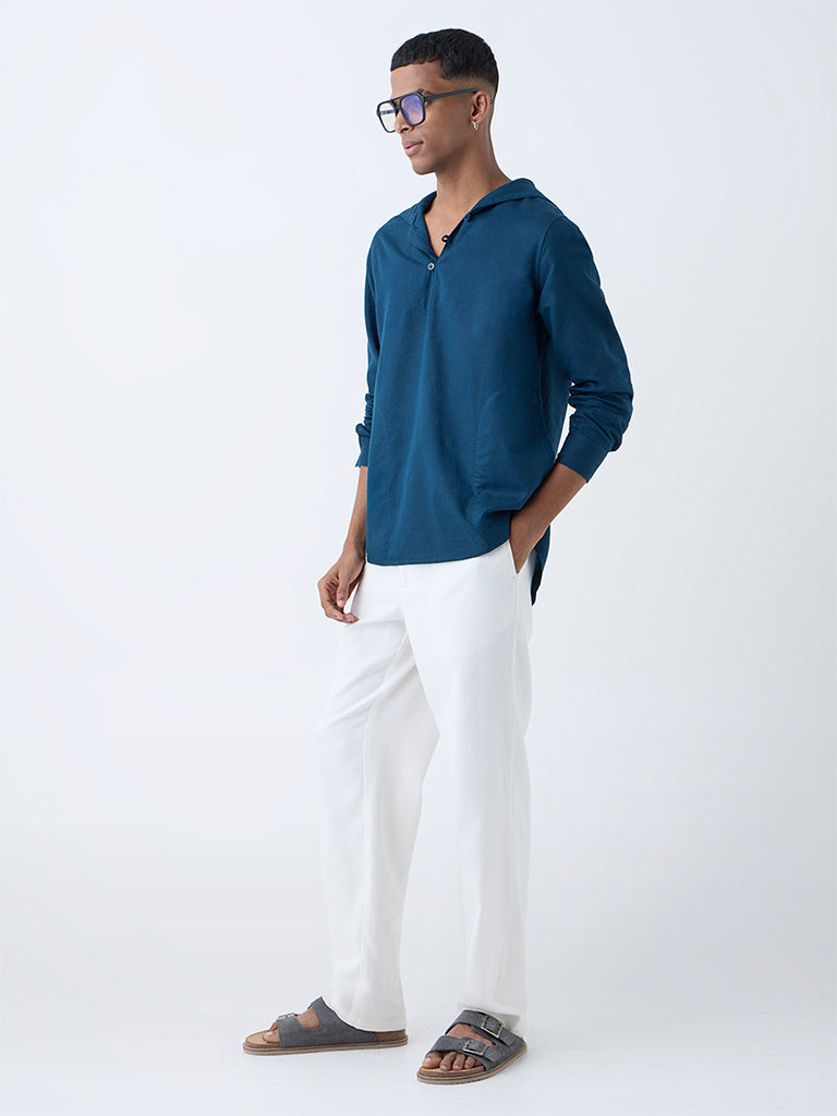 ETA Dark Teal Solid Relaxed-Fit Cotton-Blend Hooded Shirt