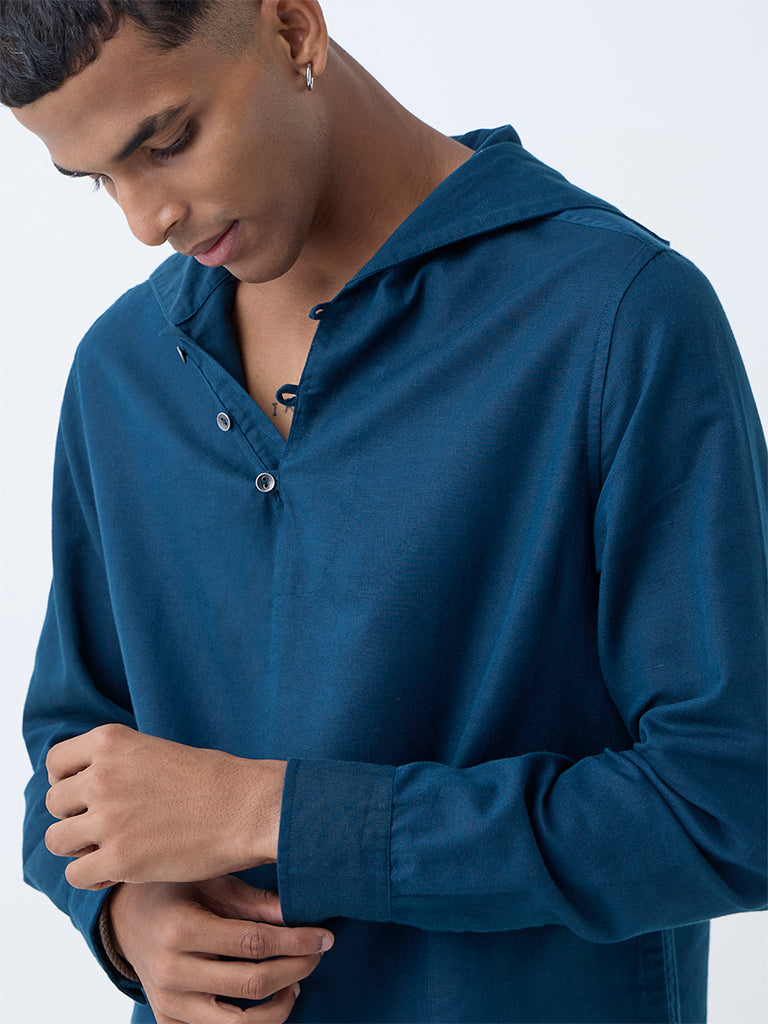 ETA Dark Teal Solid Relaxed-Fit Cotton-Blend Hooded Shirt