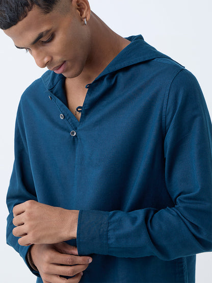 ETA Dark Teal Solid Relaxed-Fit Cotton-Blend Hooded Shirt