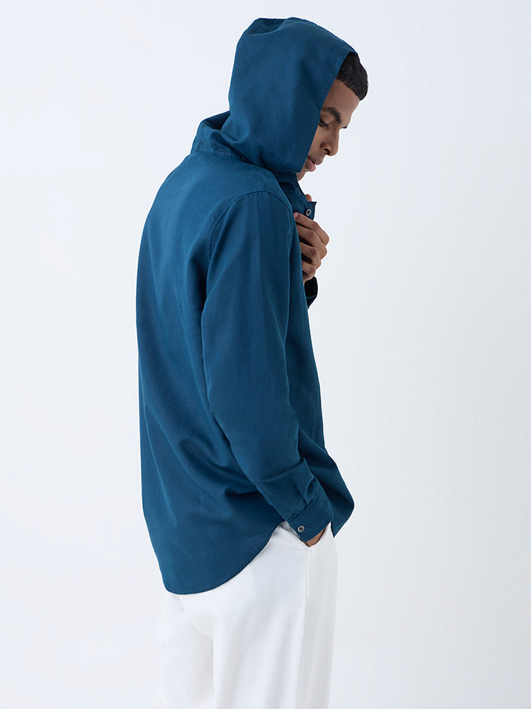 ETA Dark Teal Solid Relaxed-Fit Cotton-Blend Hooded Shirt