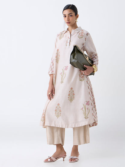 Zuba Beige Botanical Design Cotton A-Line Kurta with Inner