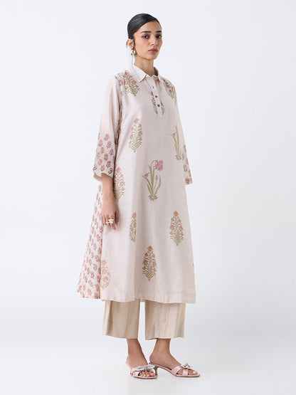 Zuba Beige Botanical Design Cotton A-Line Kurta with Inner