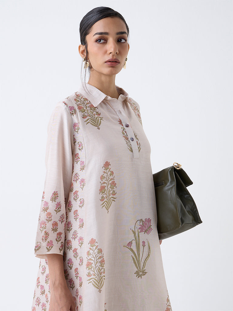 Zuba Beige Botanical Design Cotton A-Line Kurta with Inner