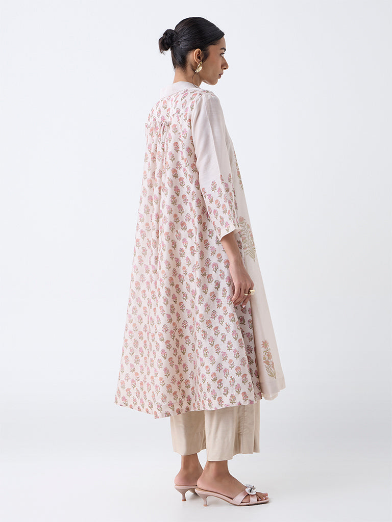 Zuba Beige Botanical Design Cotton A-Line Kurta with Inner