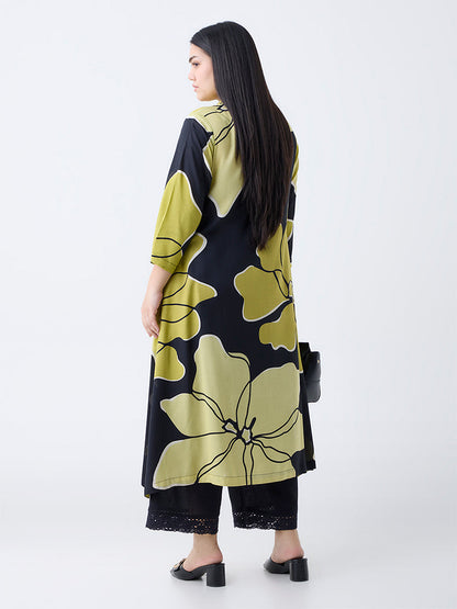 Diza Black Floral Design Cotton A-Line Kurta