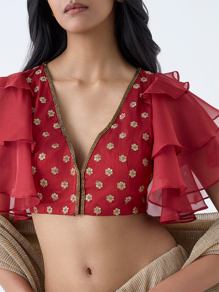 Vark Red Zari Embroidered Blouse