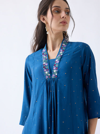 Utsa Navy Embroidered A-Line Kurta