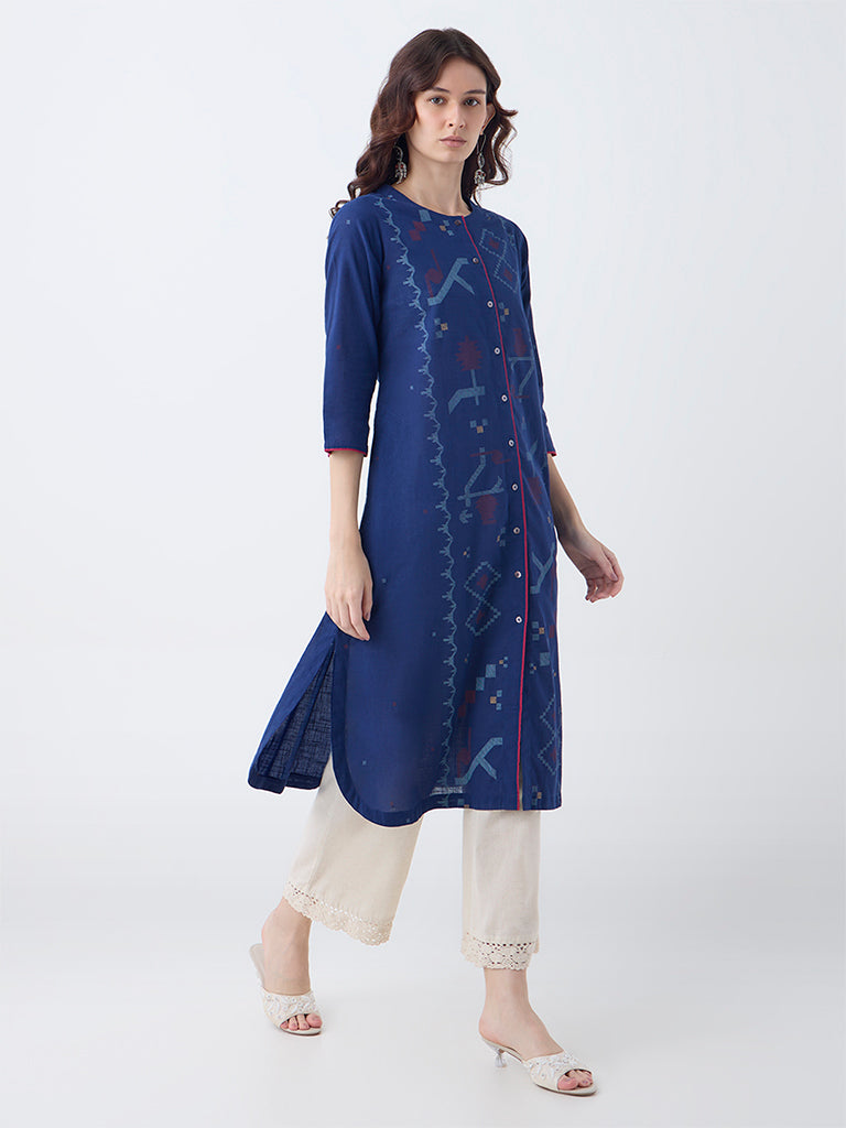Utsa Indigo Aztec Pattern Cotton A-Line Kurta