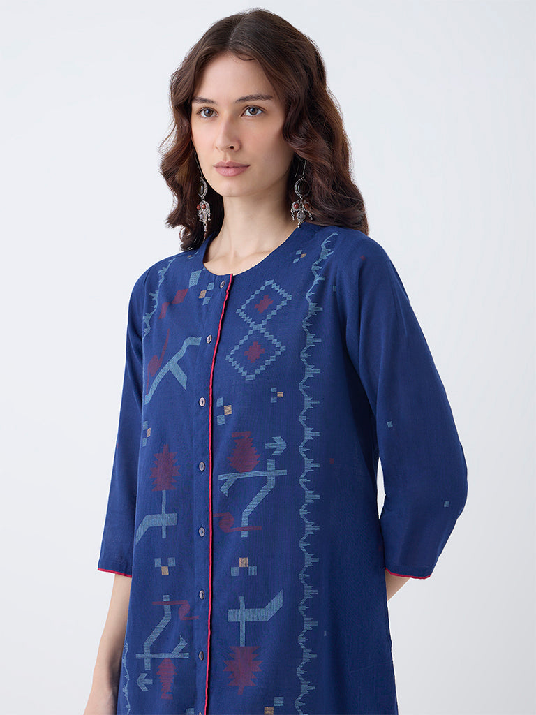 Utsa Indigo Aztec Pattern Cotton A-Line Kurta