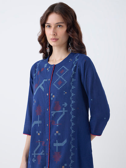 Utsa Indigo Aztec Pattern Cotton A-Line Kurta