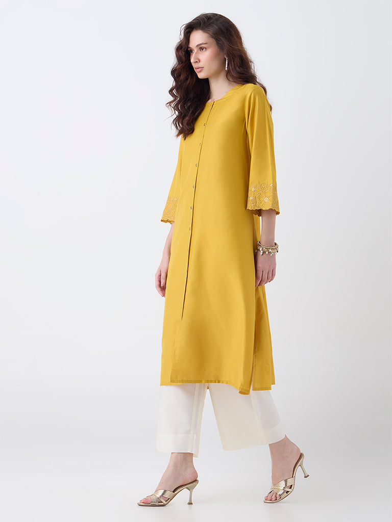 Utsa Mustard Floral Embroidered A-Line Kurta