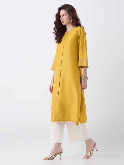 Utsa Mustard Floral Embroidered A-Line Kurta