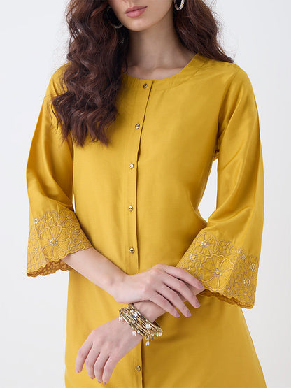 Utsa Mustard Floral Embroidered A-Line Kurta