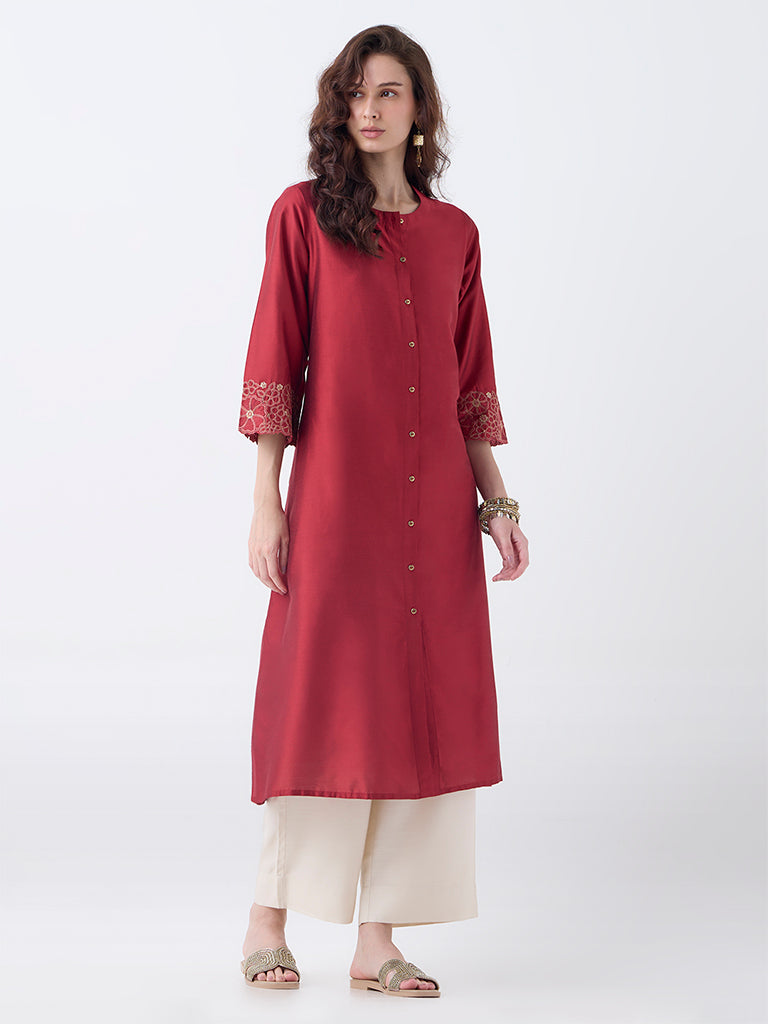 Utsa Red Floral Embroidered A-Line Kurta