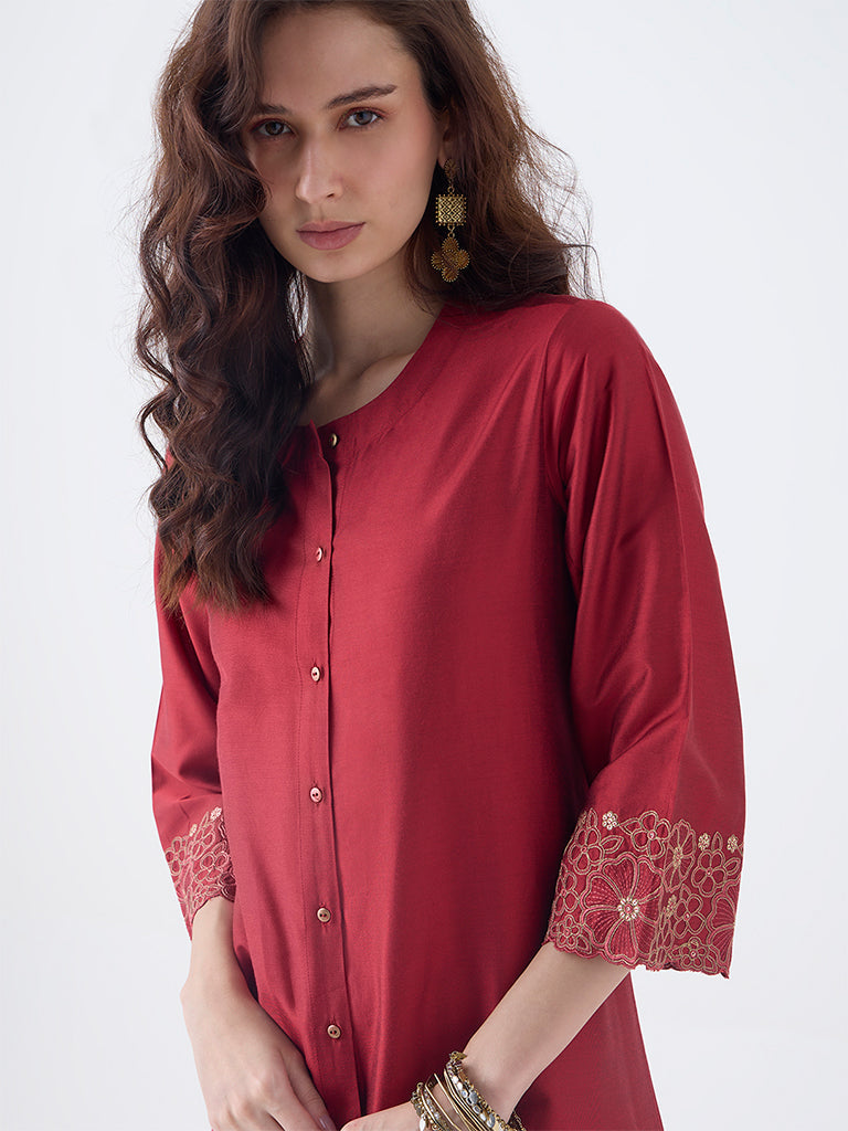 Utsa Red Floral Embroidered A-Line Kurta