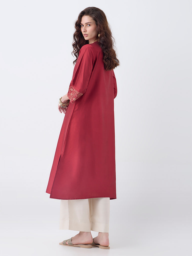 Utsa Red Floral Embroidered A-Line Kurta