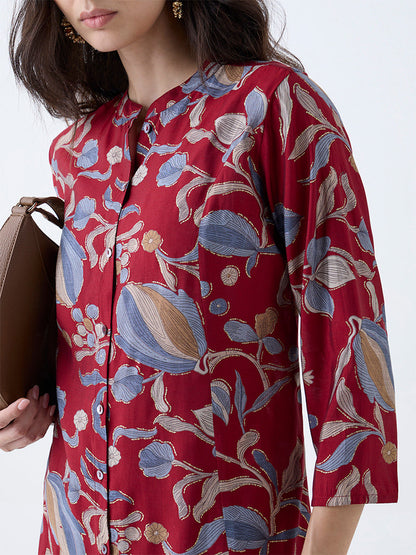 Utsa Maroon Foliage Pattern A-Line Kurta