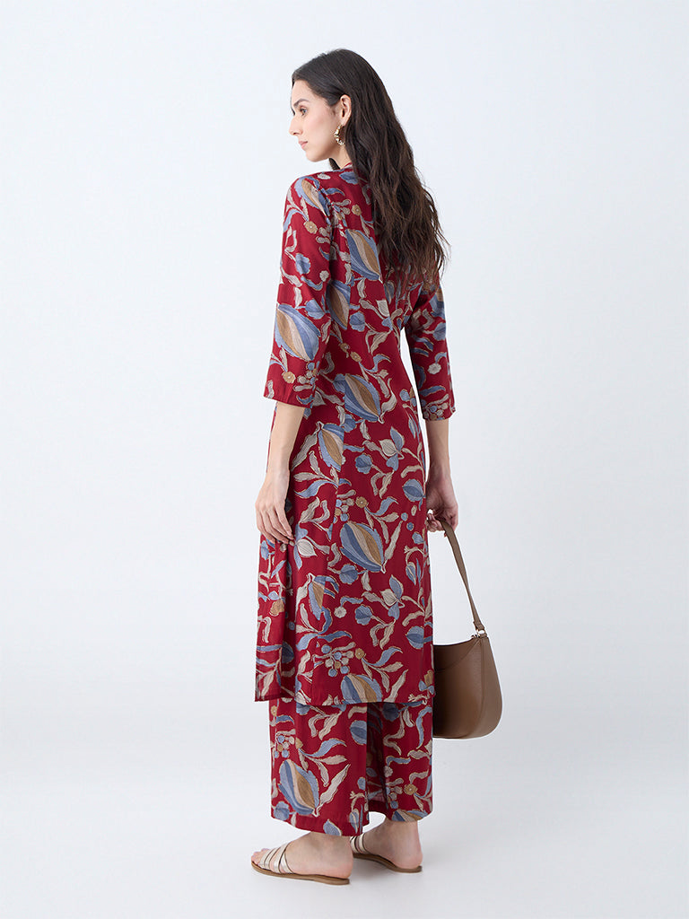 Utsa Maroon Foliage Pattern A-Line Kurta
