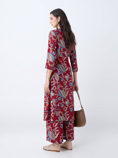 Utsa Maroon Foliage Pattern A-Line Kurta