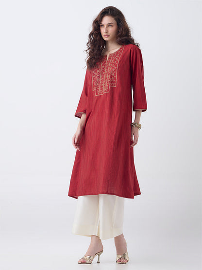 Utsa Red Zari Embroidered A-Line Kurta