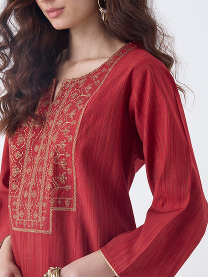 Utsa Red Zari Embroidered A-Line Kurta