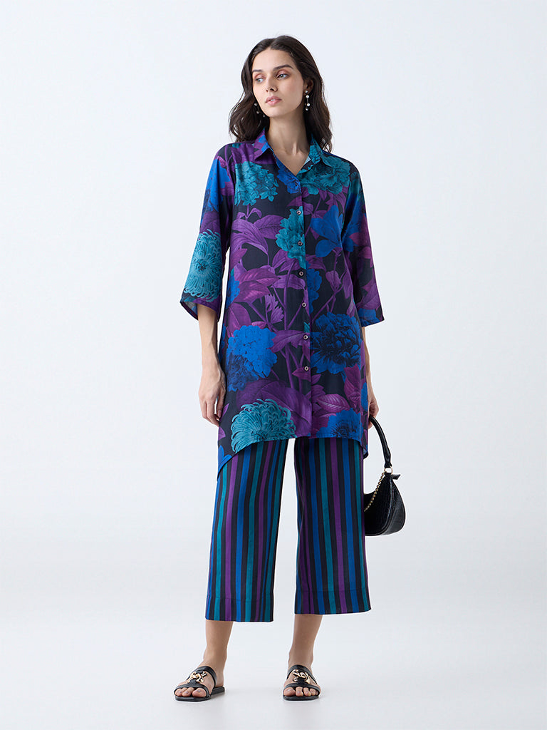 Utsa Blue Floral Patterned Straight Kurta
