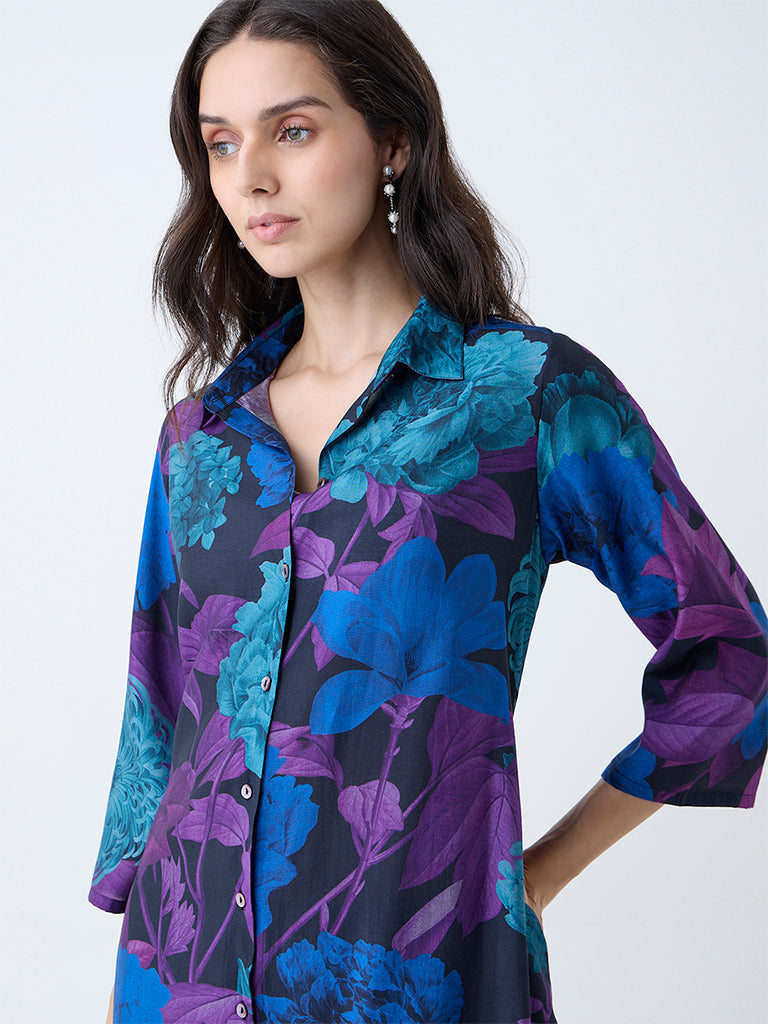 Utsa Blue Floral Patterned Straight Kurta