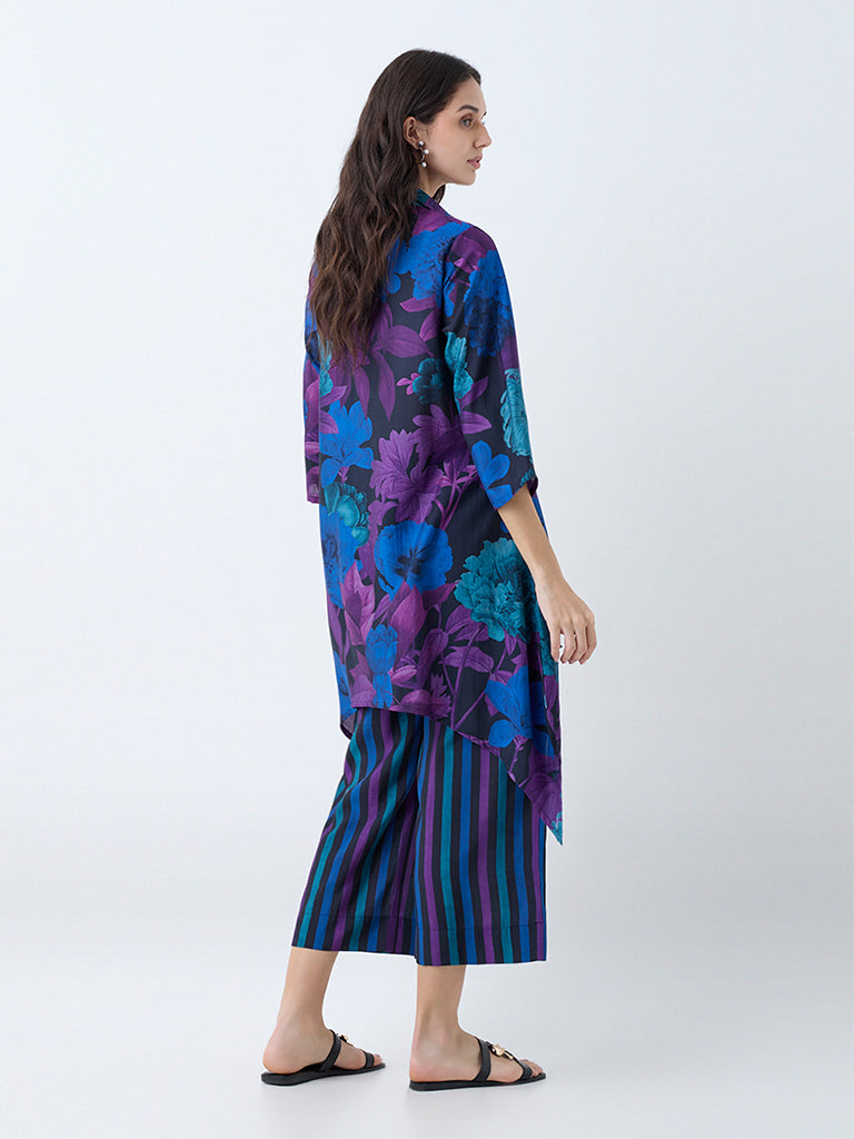 Utsa Blue Floral Patterned Straight Kurta