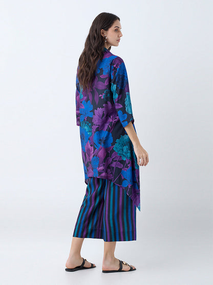 Utsa Blue Floral Patterned Straight Kurta