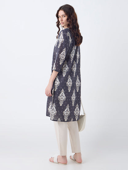 Utsa Black Ikat Printed Cotton Straight Kurta