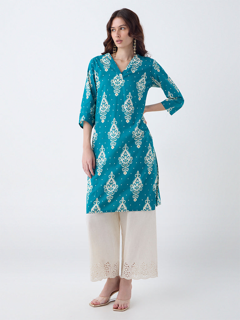 Utsa Teal Ikat Design Cotton Straight Kurta