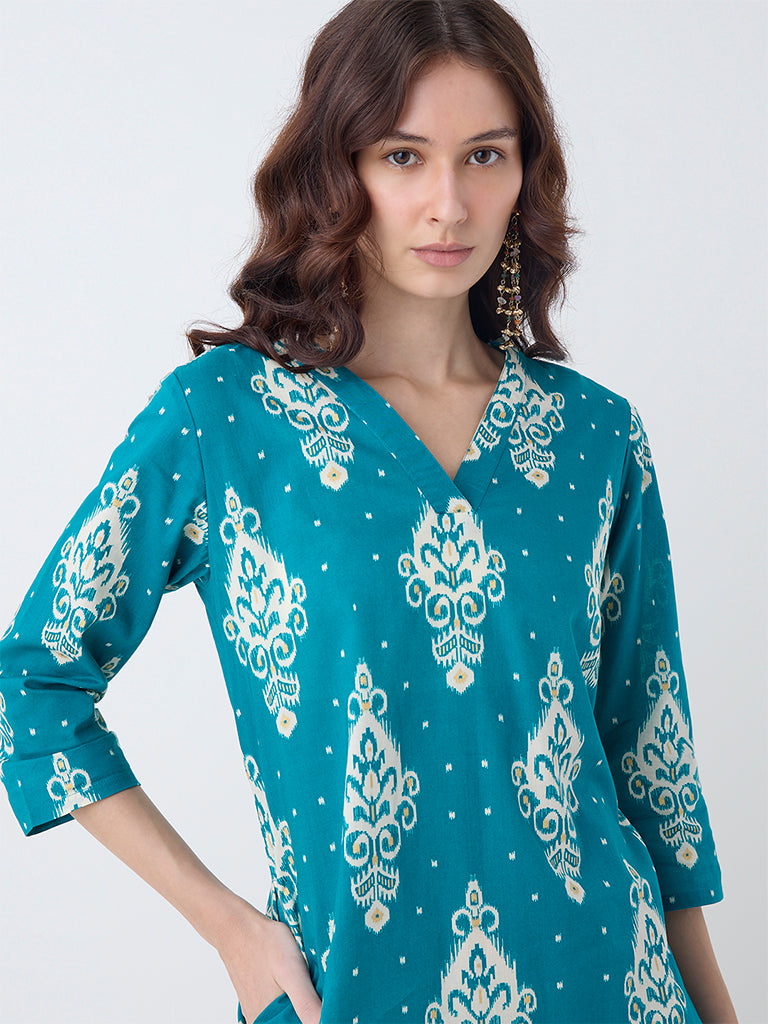Utsa Teal Ikat Design Cotton Straight Kurta