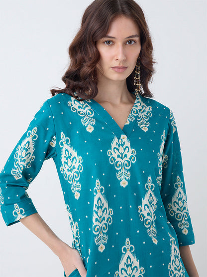Utsa Teal Ikat Design Cotton Straight Kurta