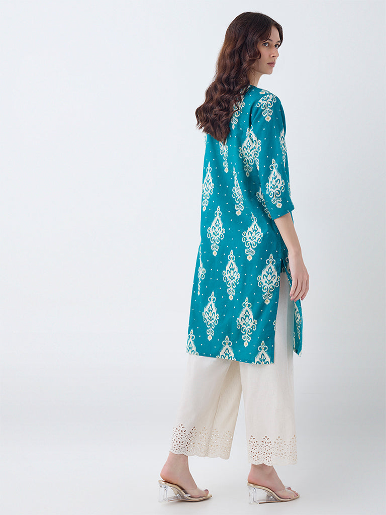 Utsa Teal Ikat Design Cotton Straight Kurta