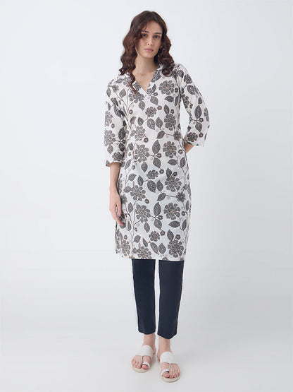Utsa Off-White Botanical Design Cotton Straight Kurta