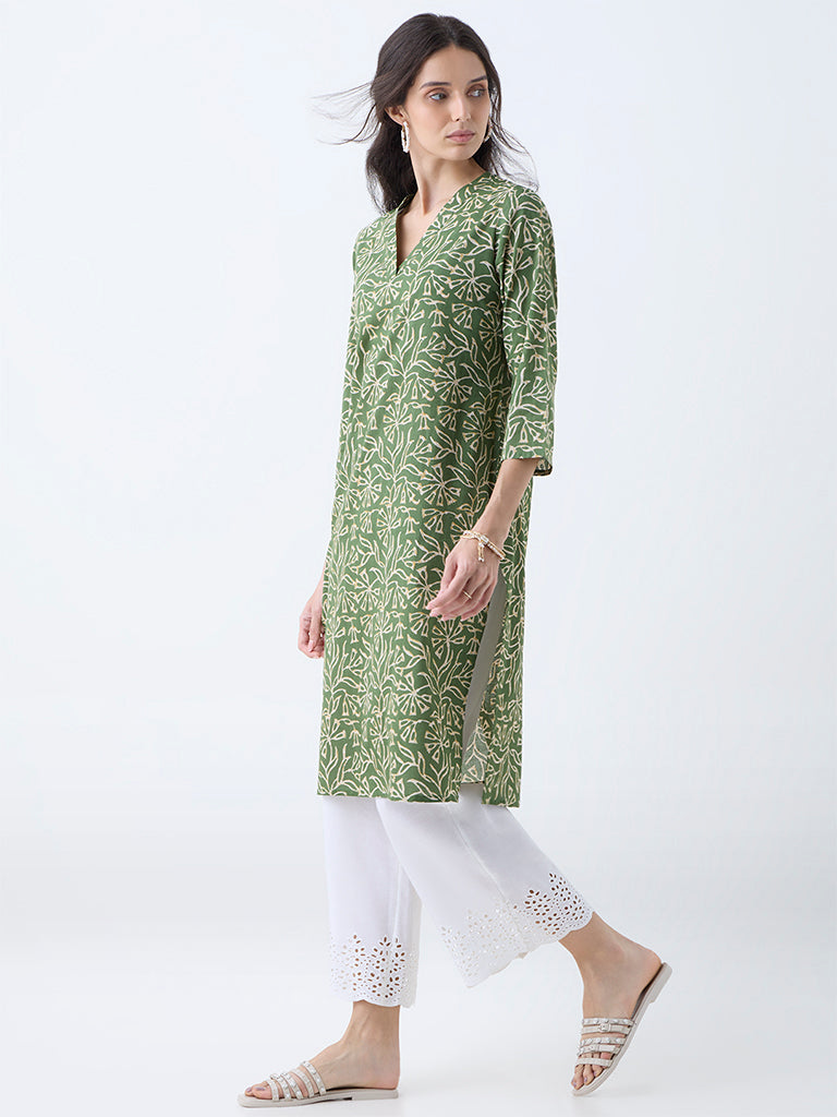 Utsa Green Leaf Pattern Cotton Straight Kurta