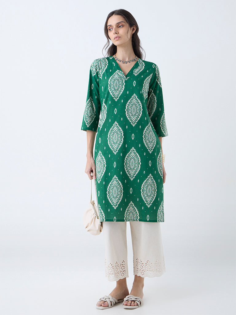 Utsa Green Printed Cotton Straight Kurta