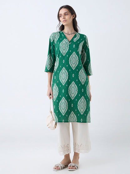 Utsa Green Printed Cotton Straight Kurta