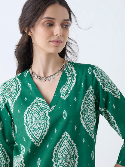 Utsa Green Printed Cotton Straight Kurta