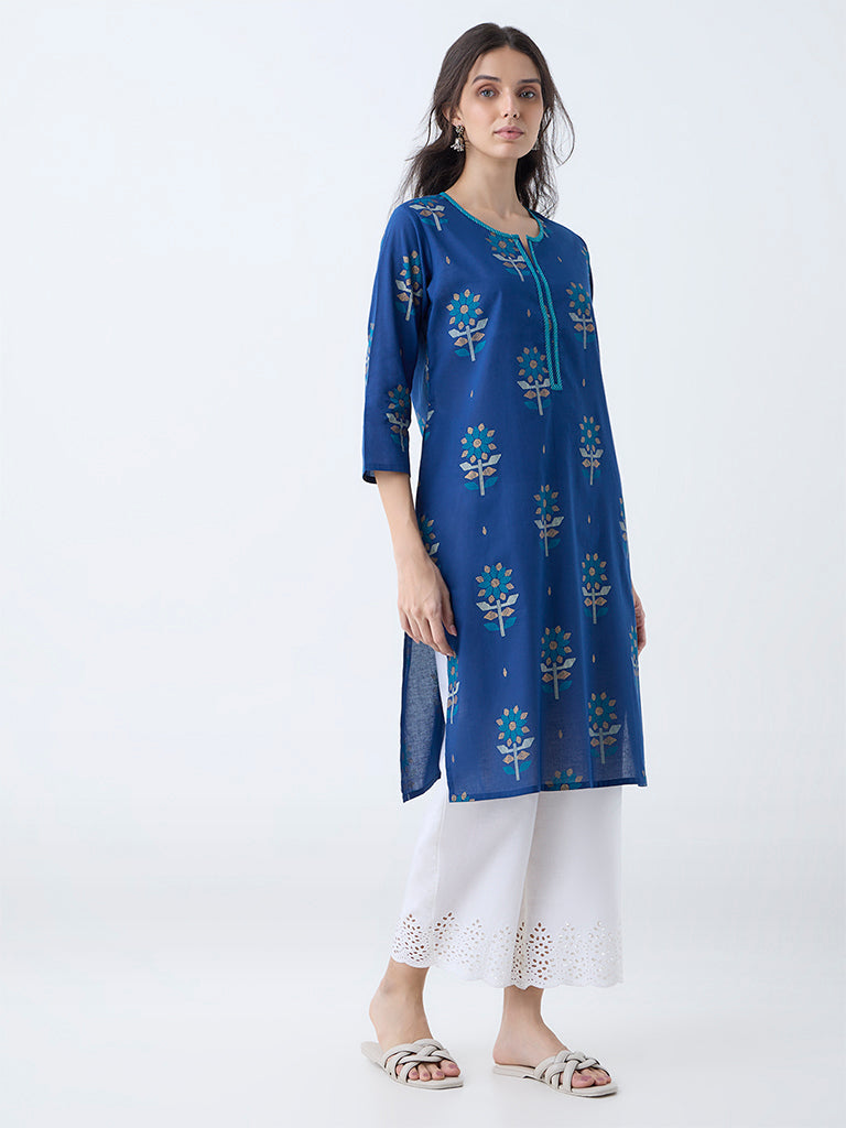 Utsa Dark Blue Jamdani Butta Pattern Cotton Straight Kurta