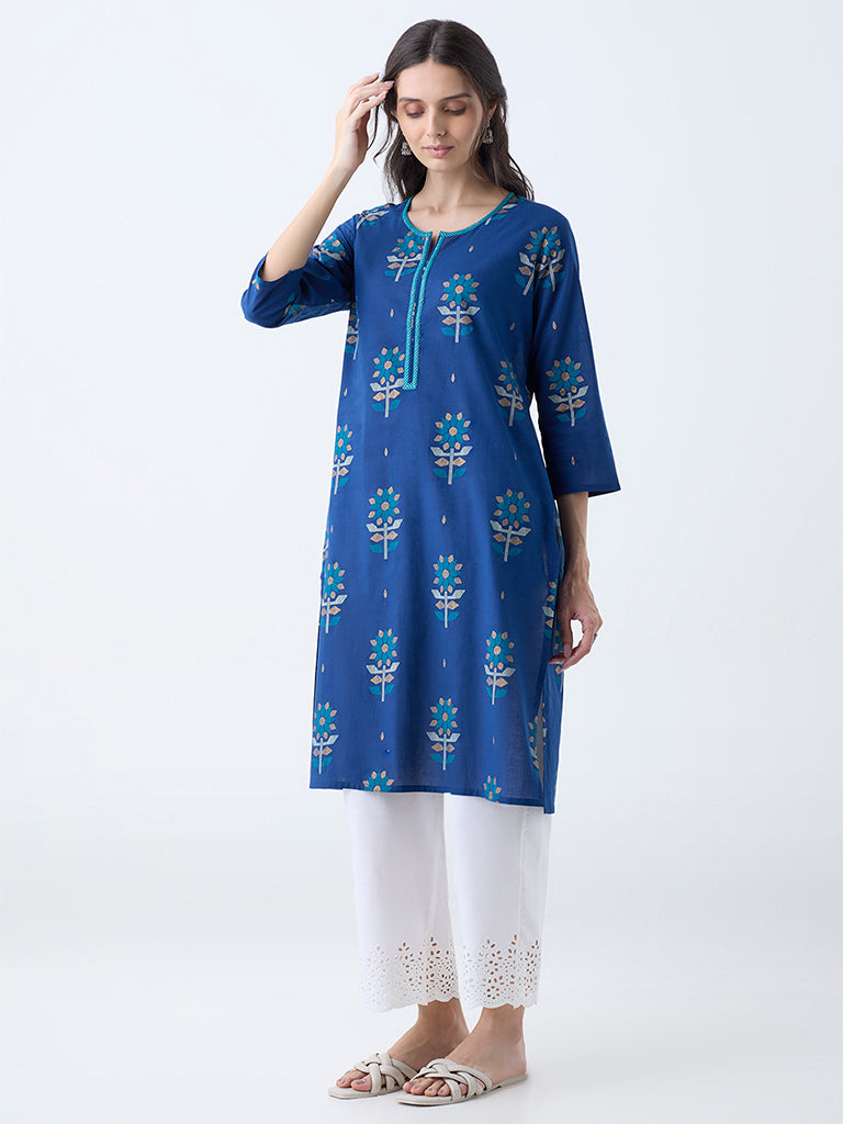Utsa Dark Blue Jamdani Butta Pattern Cotton Straight Kurta
