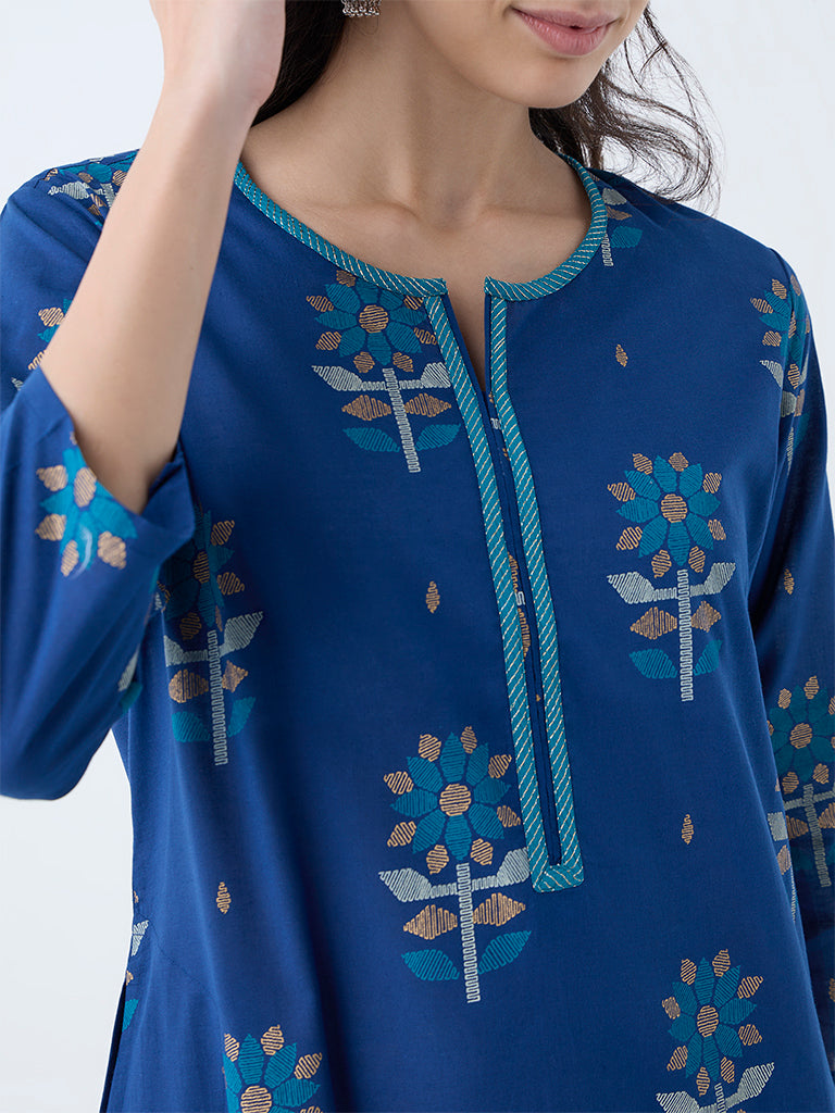 Utsa Dark Blue Jamdani Butta Pattern Cotton Straight Kurta
