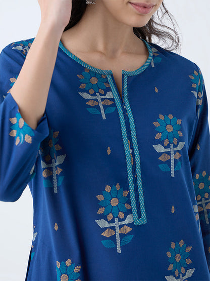 Utsa Dark Blue Jamdani Butta Pattern Cotton Straight Kurta