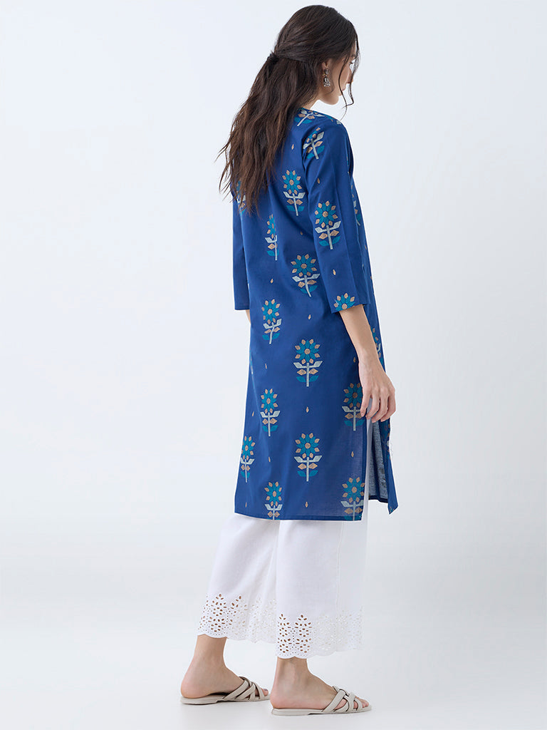 Utsa Dark Blue Jamdani Butta Pattern Cotton Straight Kurta