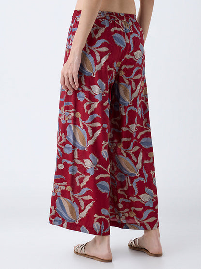 Utsa Maroon Foliage Pattern Palazzos
