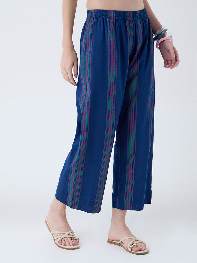 Utsa Indigo Striped Cotton-Blend Pants